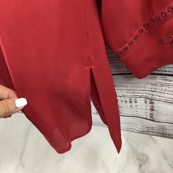 VINTAGE VICTOR COSTA PLUS SIZE 2X TOP RED SILK EMBELLISHED BEAD WESTERN BLOUSE - Picture 12 of 14